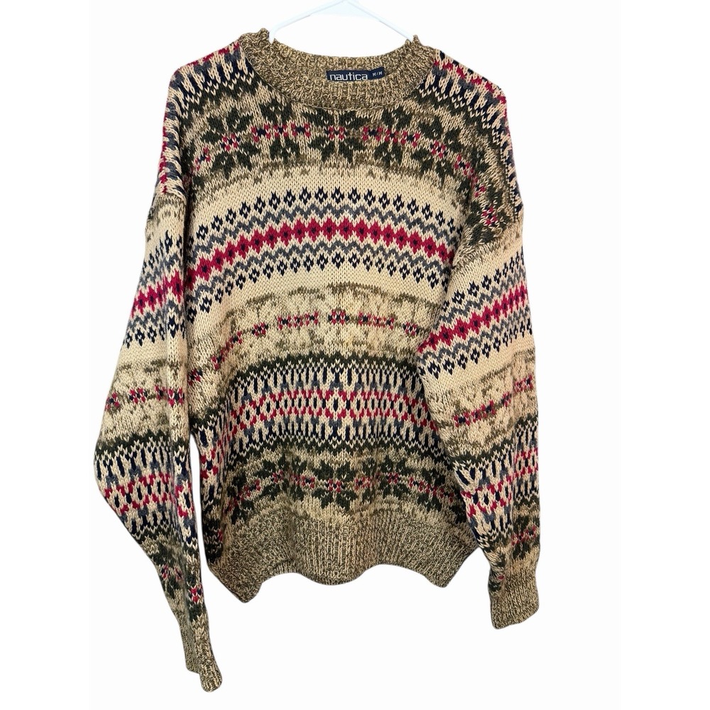 Vintage Nautica Wool Blend Fair Isle‎ Sweater M Made In Hong Kong 90s Grunge Ski